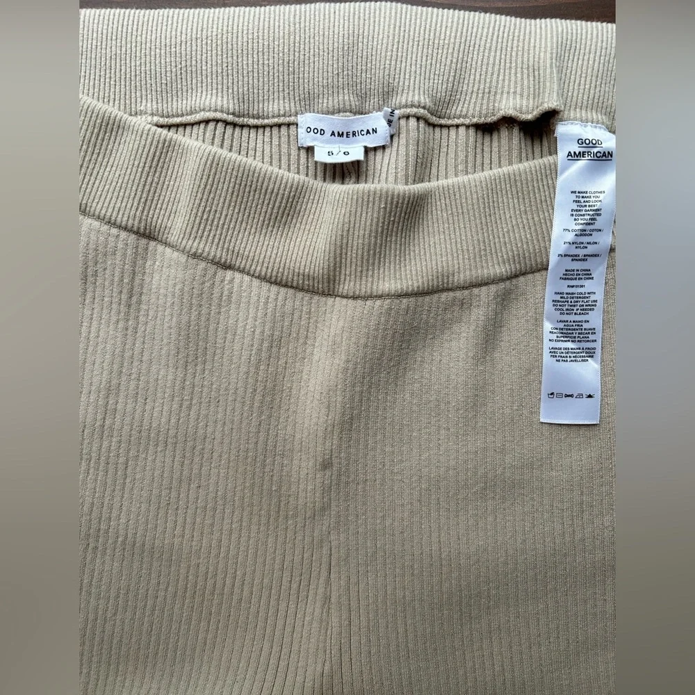 Good American L/XL Flared Beige Ribbed Pants w Elastic Waist and detailed hem - Picture 7 of 13